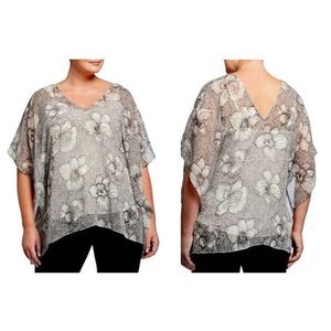 NYDJ Chiffon V-Neck Caftan Popover Top Orchid Floral 2 Pcs Removable Cami 1X NEW